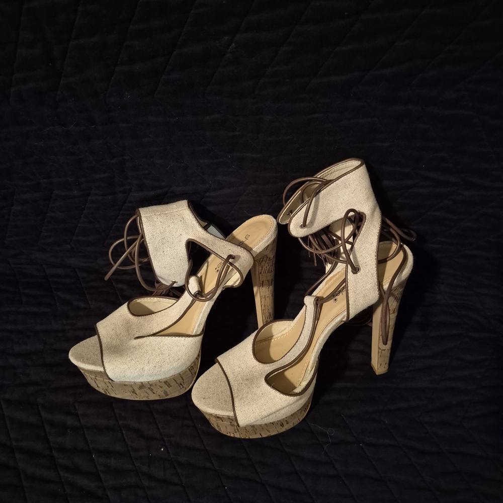 Shoe Dazzle Cream and Brown Lace-Up Heels